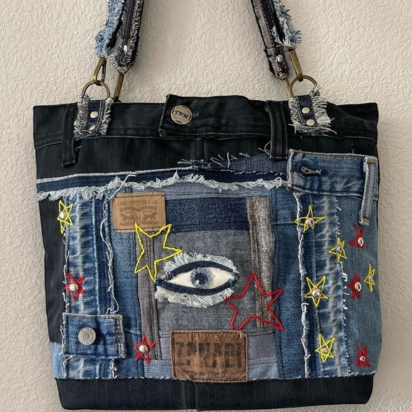 Denim patchwork shoulder bag-tote bag upcycled jeans boho bag - Picture 7 of 16
